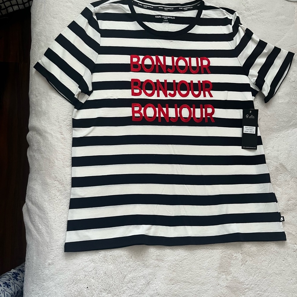 New Karl Lagerfeld Black and White Striped Tee with Red Bonjour - Picture 2 of 7